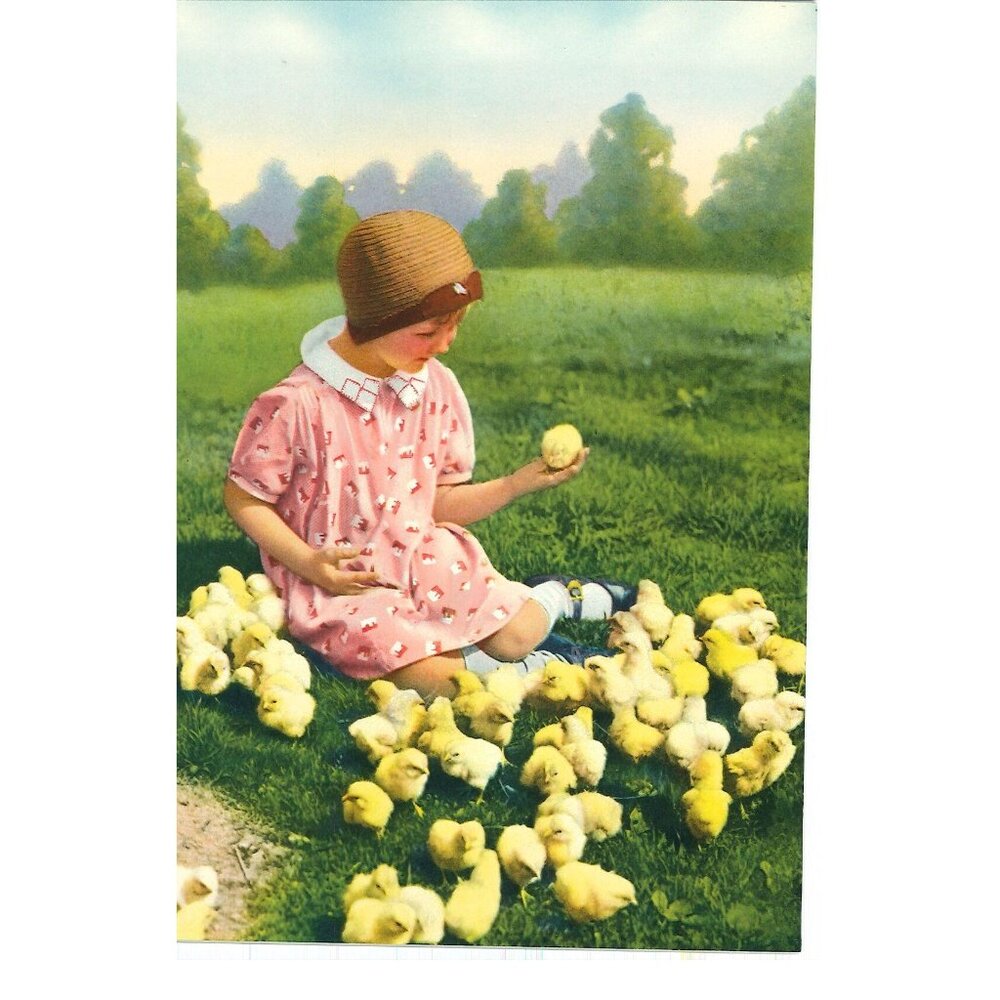 Vintage Calendar Print Girl With All Her Chicks 6x8